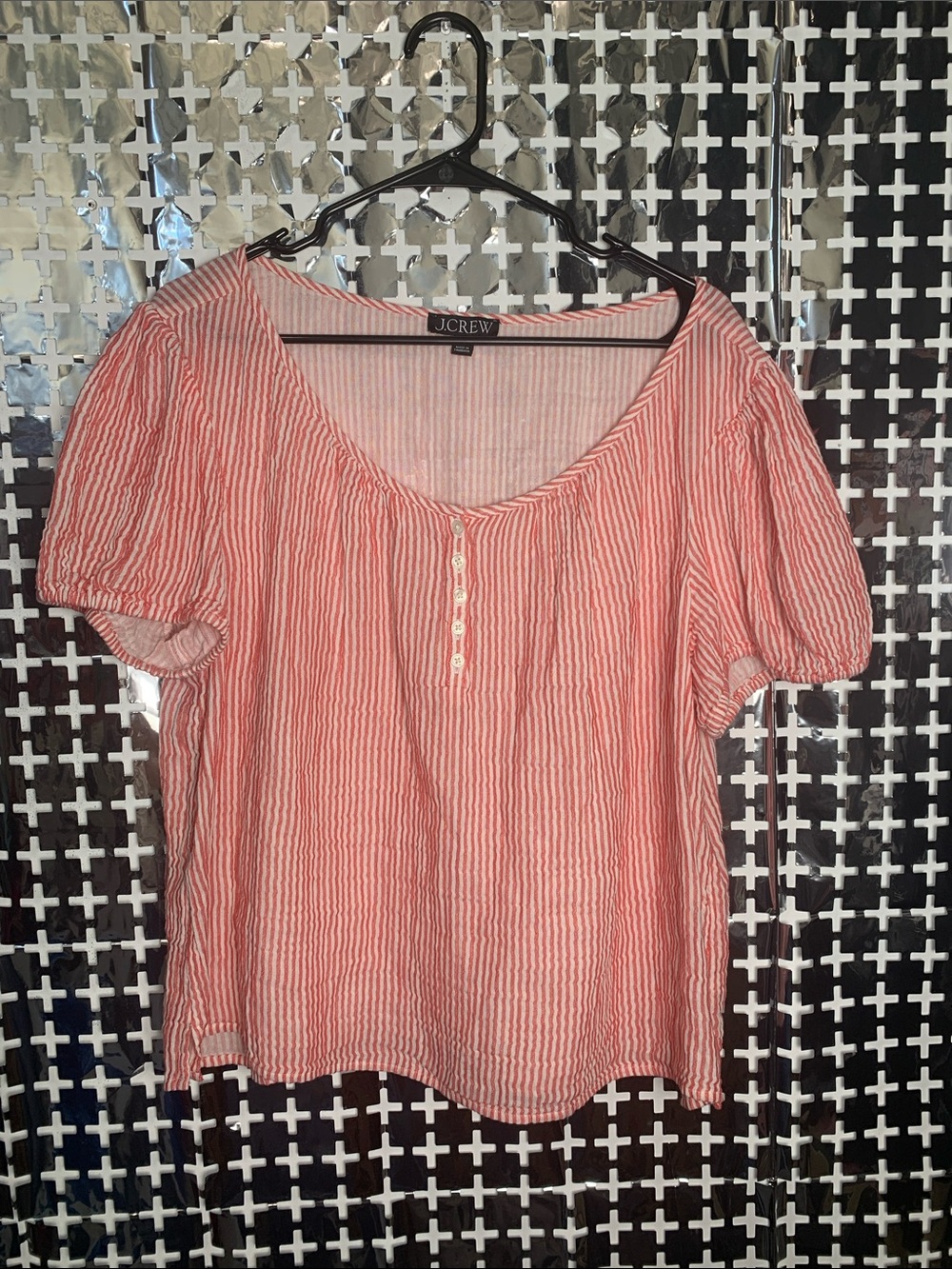J. Crew Pink and White Striped Scoop-Neck Button Front Top